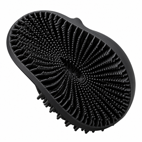 Black silicone bath body brush shown at an angle, displaying its textured bristle surface.