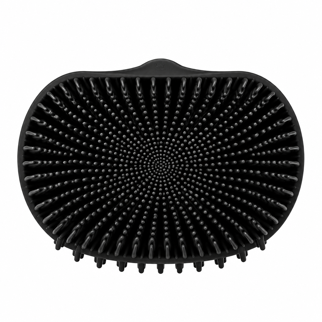 Black silicone bath body brush shown at an angle, displaying its textured bristle surface