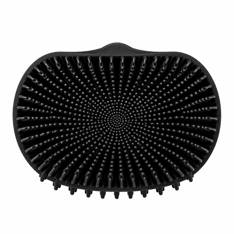 Black silicone bath body brush shown at an angle, displaying its textured bristle surface