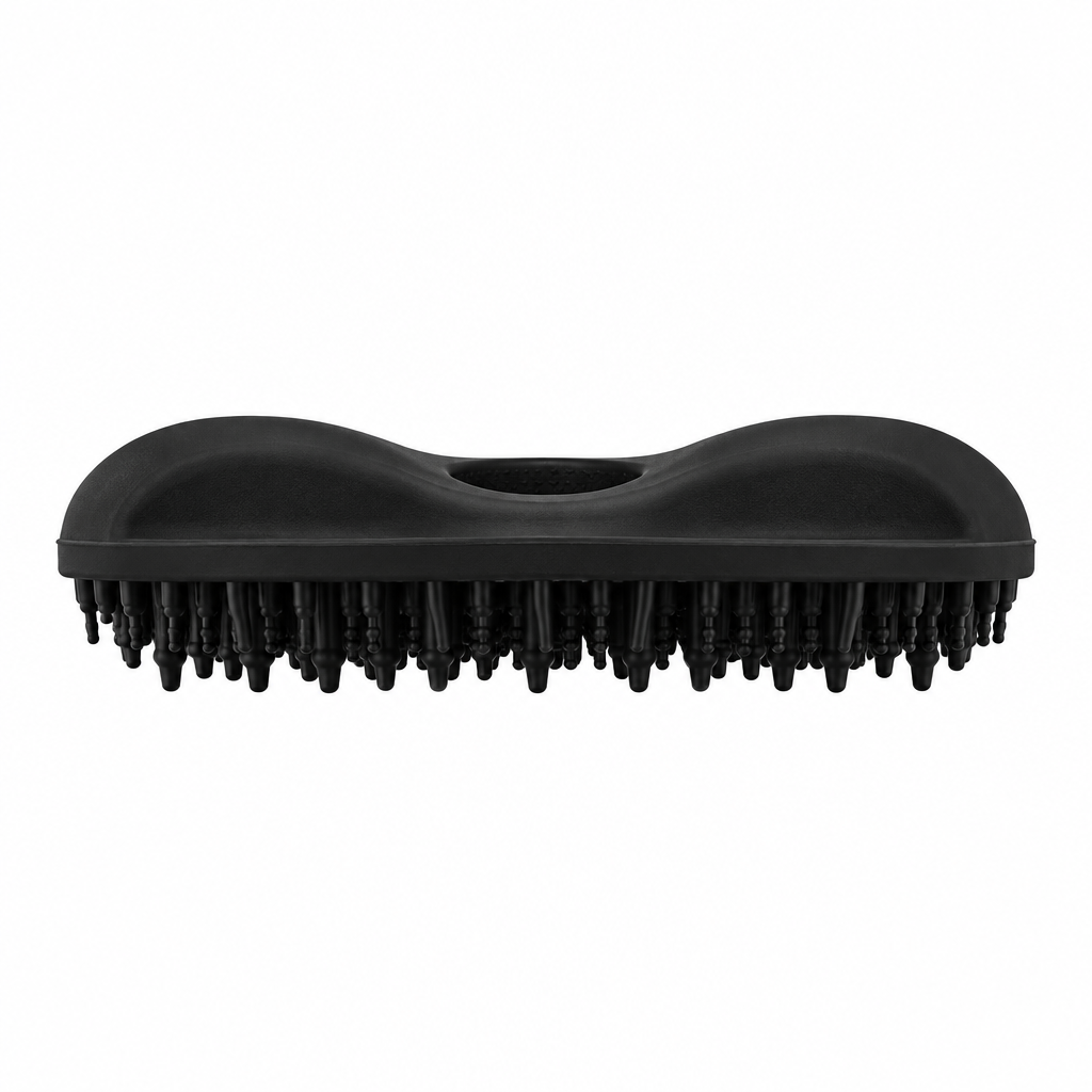 Black silicone bath body brush shown from the side, with bristles and integrated hand grip.