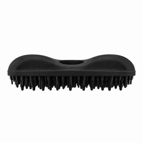 Black silicone bath body brush shown from the side, with bristles and integrated hand grip.