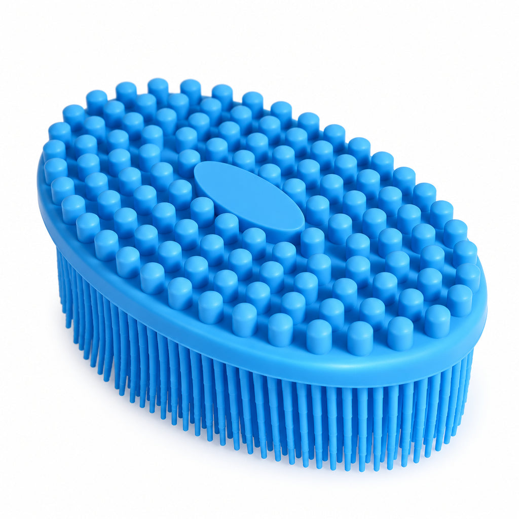 Blue double-sided silicone body scrubber showing raised massage nubs and long bristles