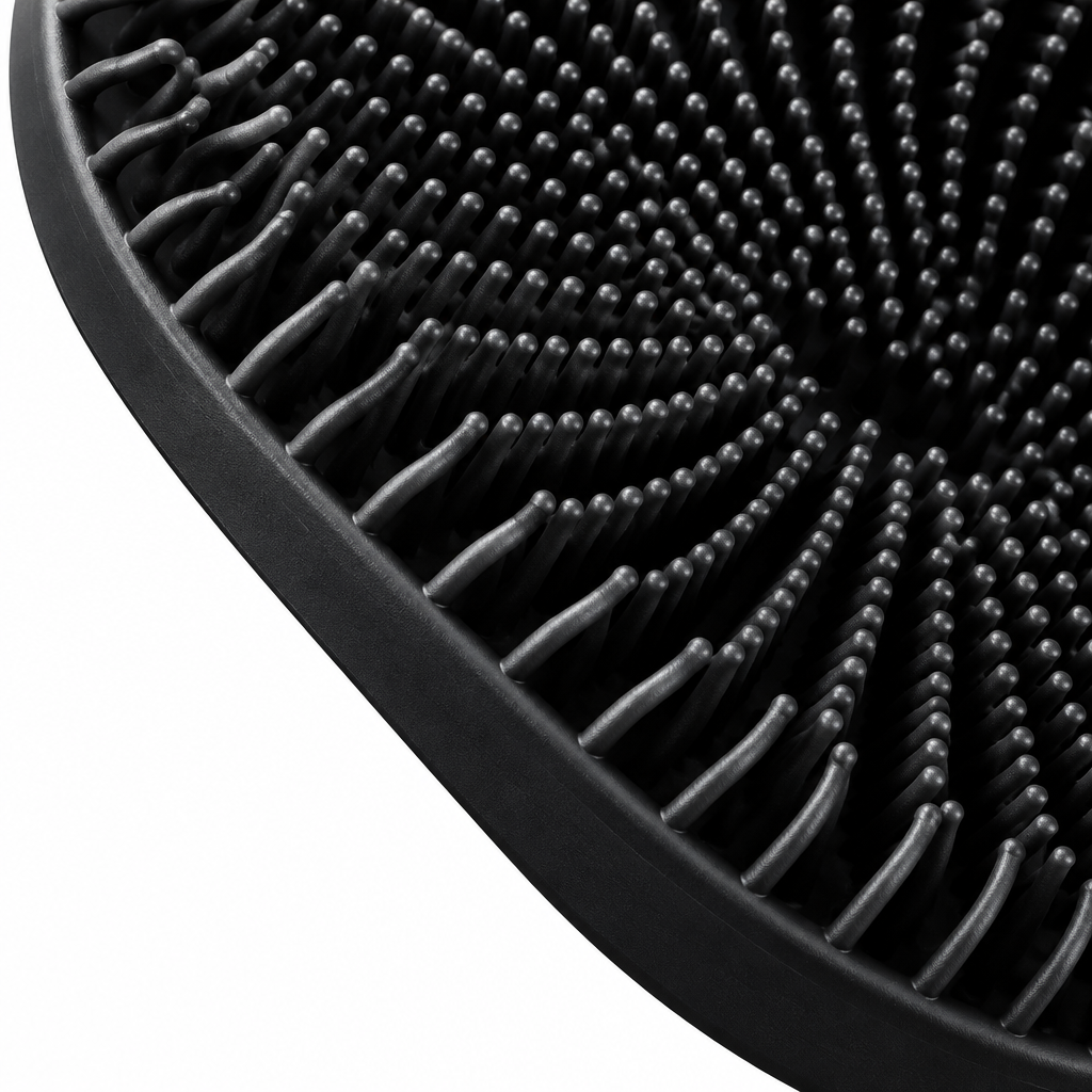 Close-up of the black silicone bath body brush showing its bristle texture.
