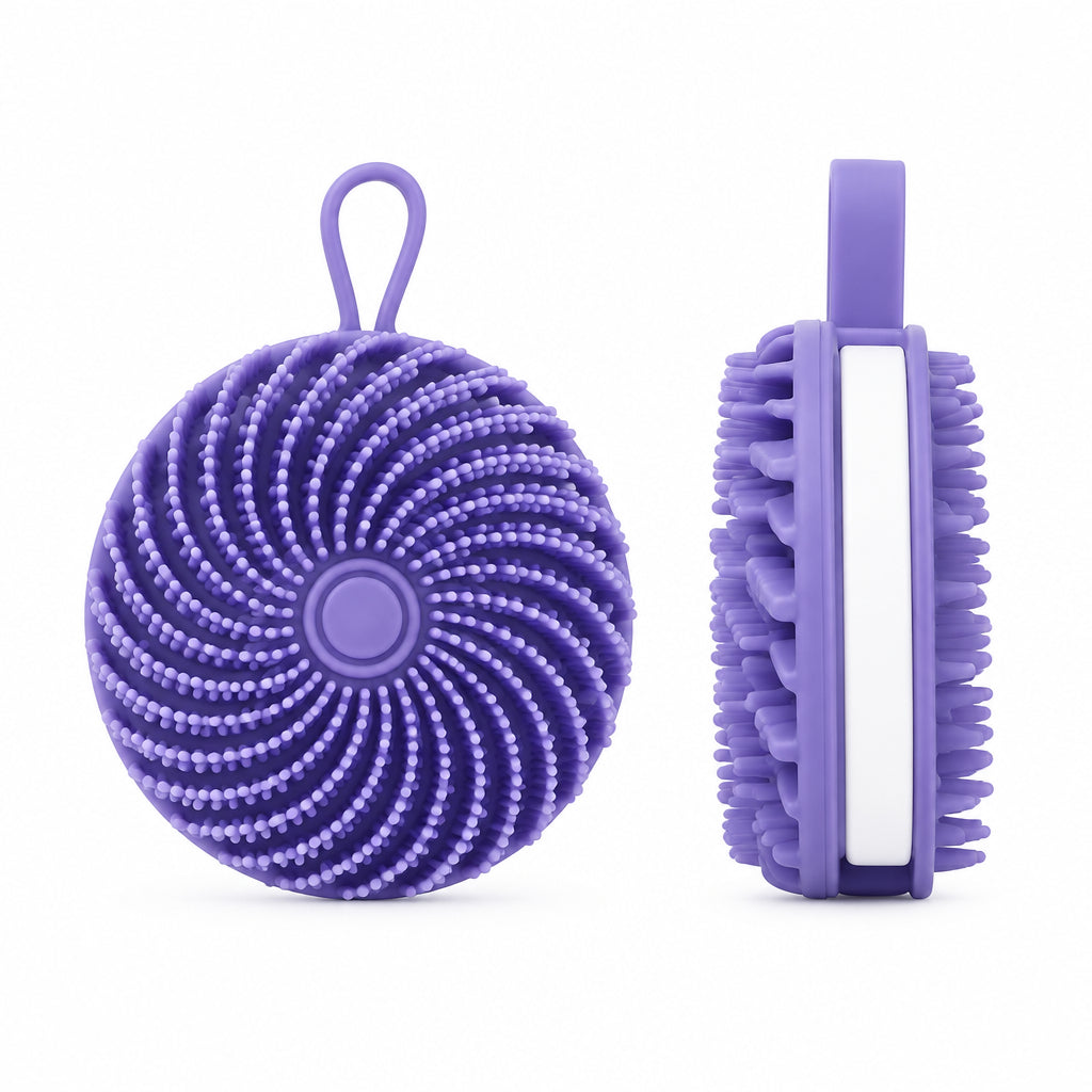 Purple silicone body scrubber size diagram showing 10.8 cm width, 14.1 cm overall height and 5.5 cm depth