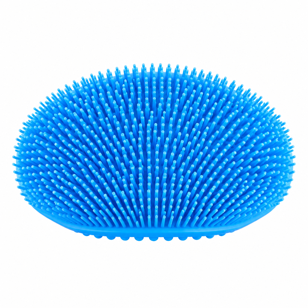 Blue silicone body scrubber, front view of long bristles