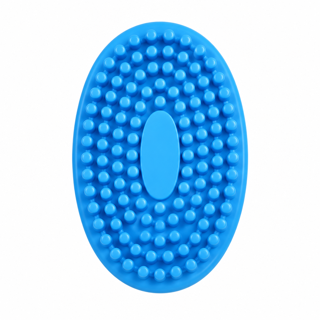 Blue silicone body scrubber, overhead view of massage nubs