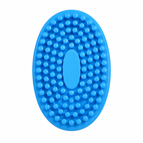 Blue silicone body scrubber, overhead view of massage nubs