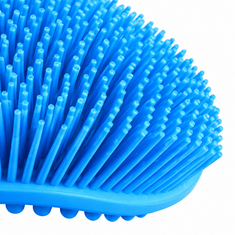 Close-up of blue silicone body scrubber long bristles