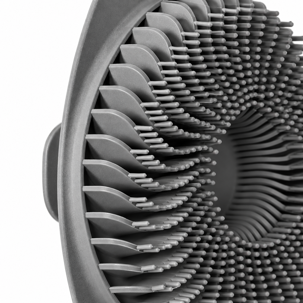 Close-up of gray silicone body scrubber bristles