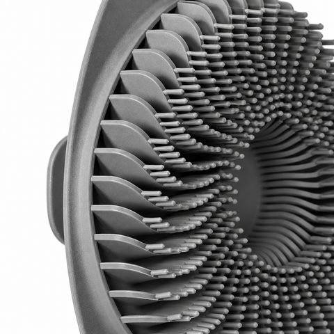 Close-up of gray silicone body scrubber bristles