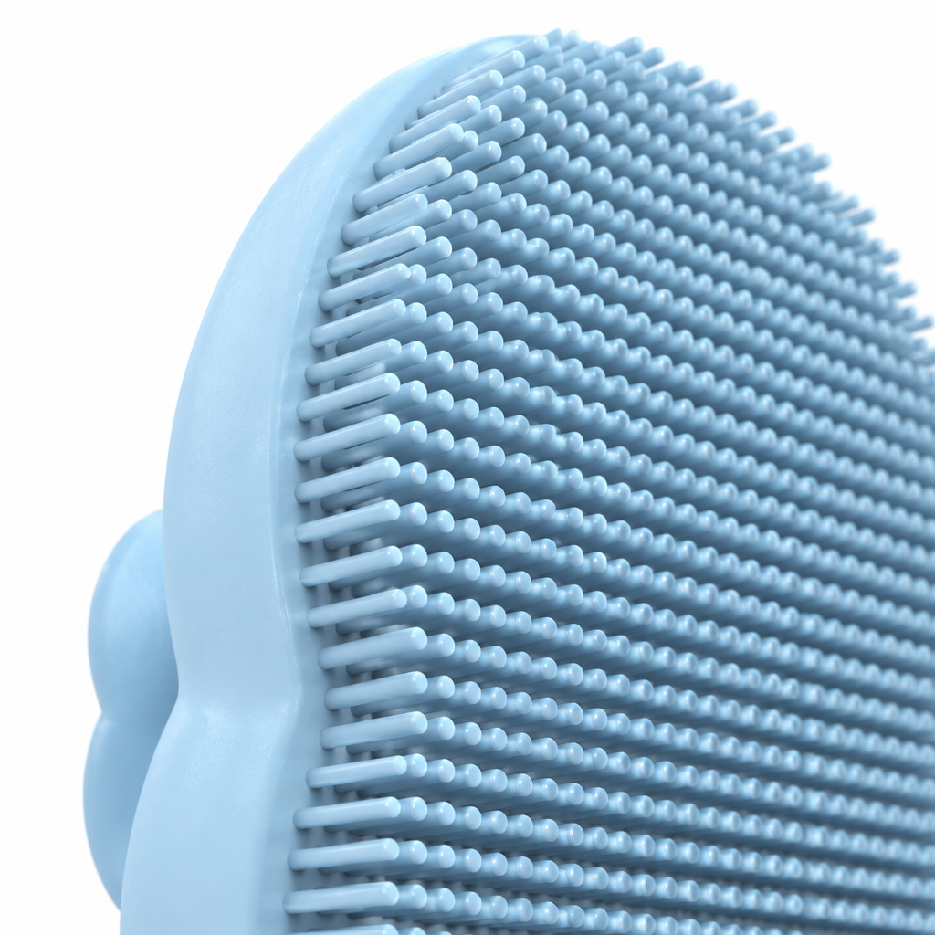 Close-up of light blue silicone facial cleansing brush bristles