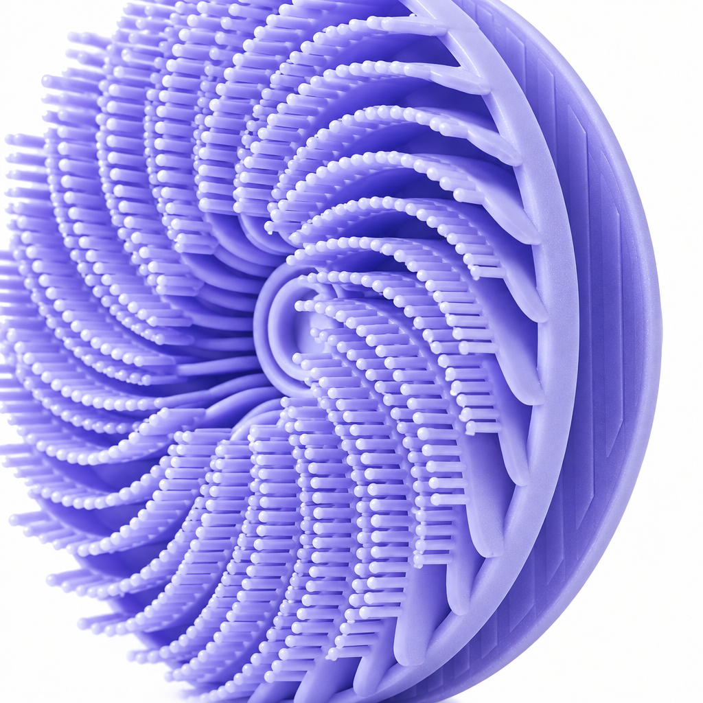 Close-up of purple silicone body scrubber spiral bristles