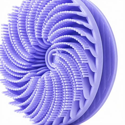 Close-up of purple silicone body scrubber spiral bristles