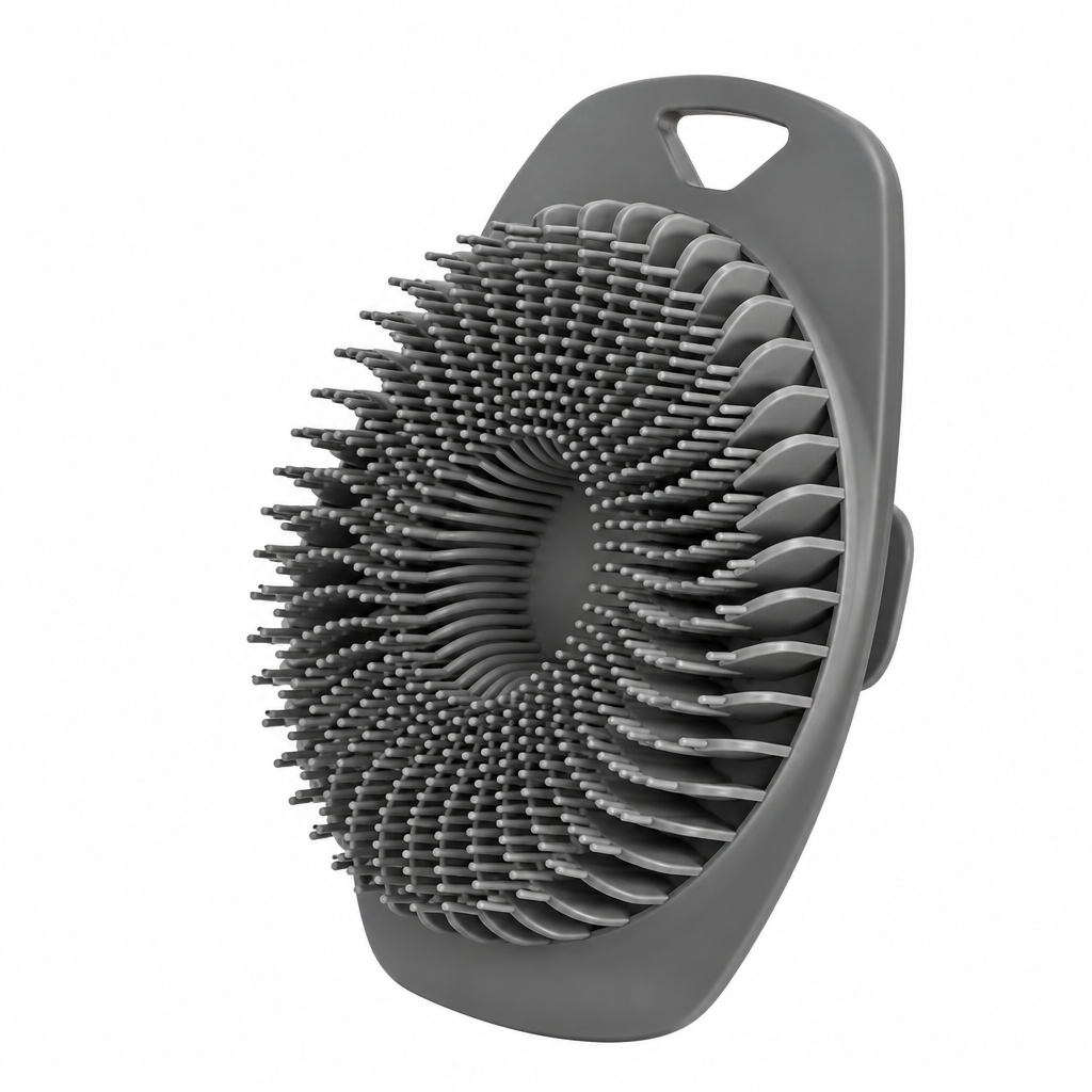 Gray silicone body scrubber, angled bristle view
