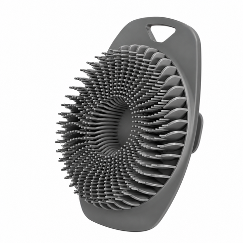 Gray silicone body scrubber, angled bristle view