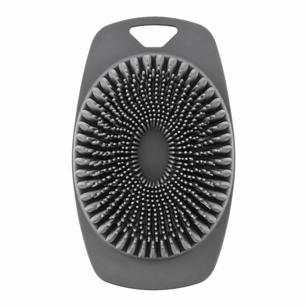 Gray silicone body scrubber, front view