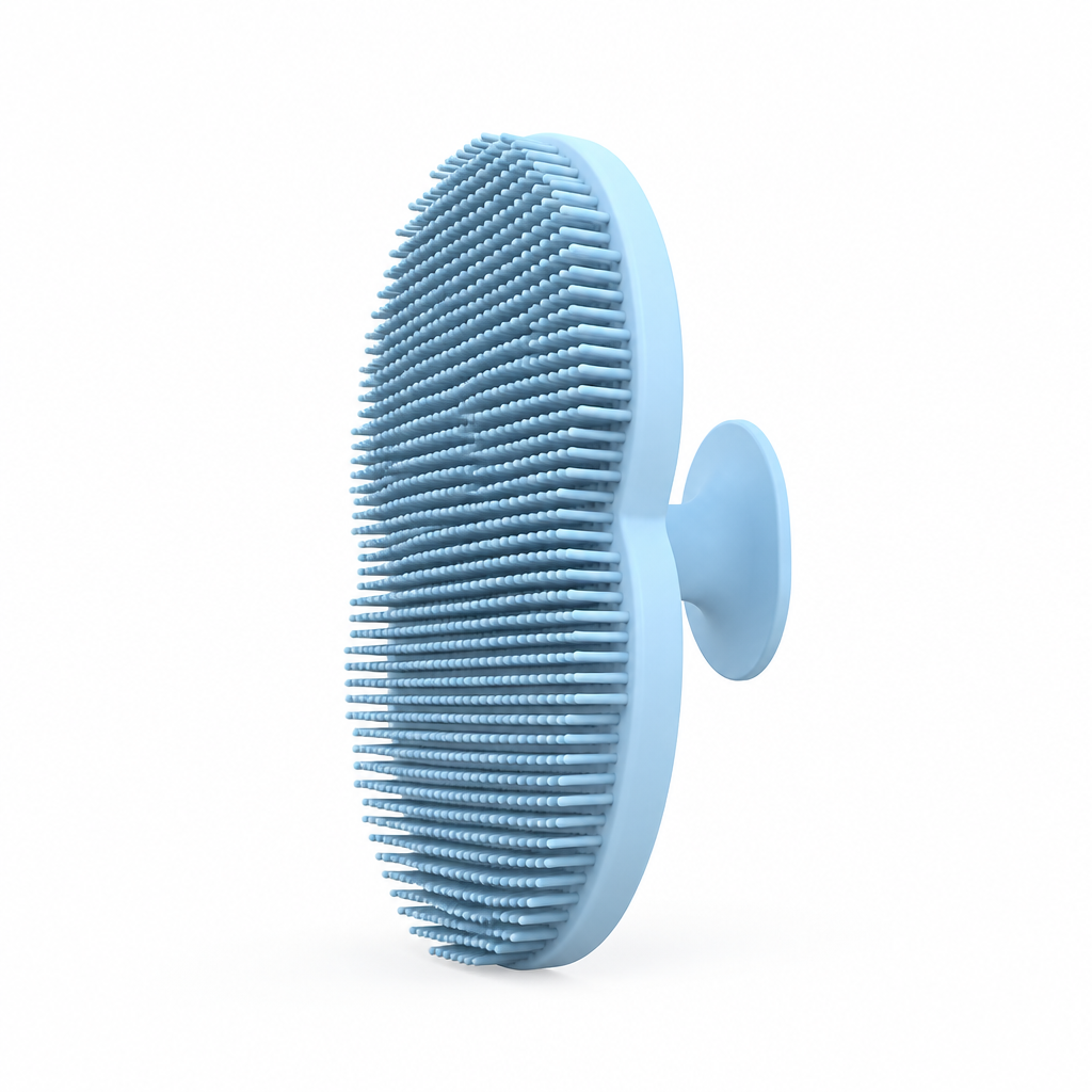 Light blue silicone facial cleansing brush, angled bristle view
