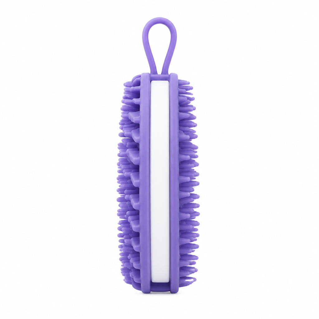 Purple double-sided silicone body scrubber, side profile