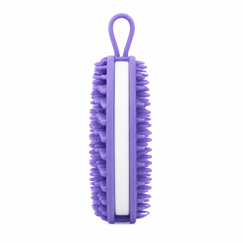Purple double-sided silicone body scrubber, side profile