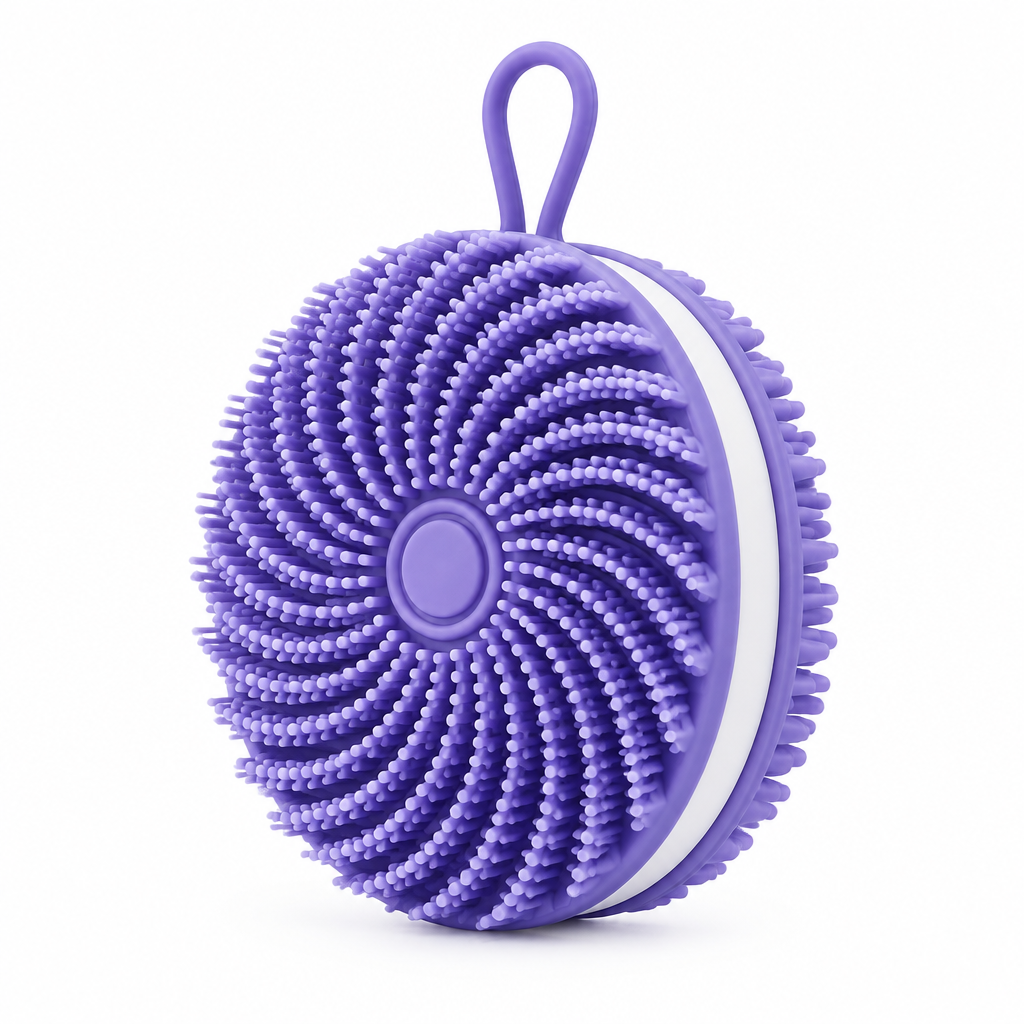 Purple silicone body scrubber, angled view showing spiral bristles