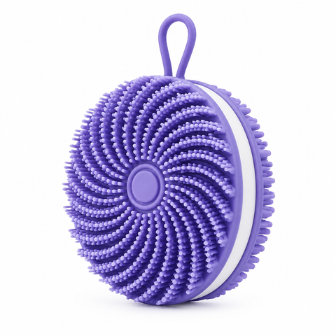 Purple silicone body scrubber, angled view showing spiral bristles