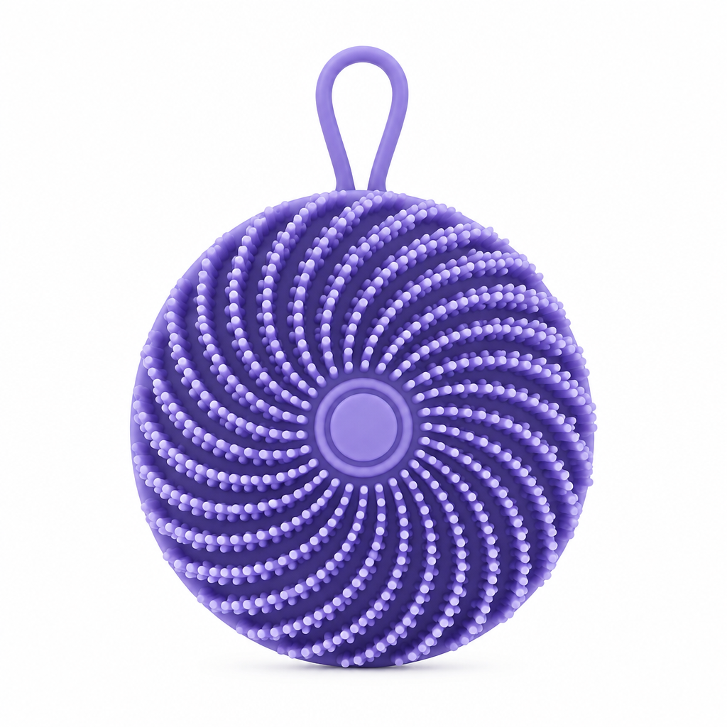 Purple silicone body scrubber, front view with spiral bristles and hanging loop