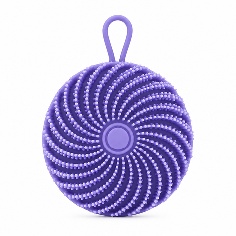 Purple silicone body scrubber, front view with spiral bristles and hanging loop